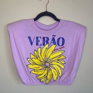 NWT FARM Rio Summer in the Tropics Lilac Crop Tee with Bananas Flower Graphic